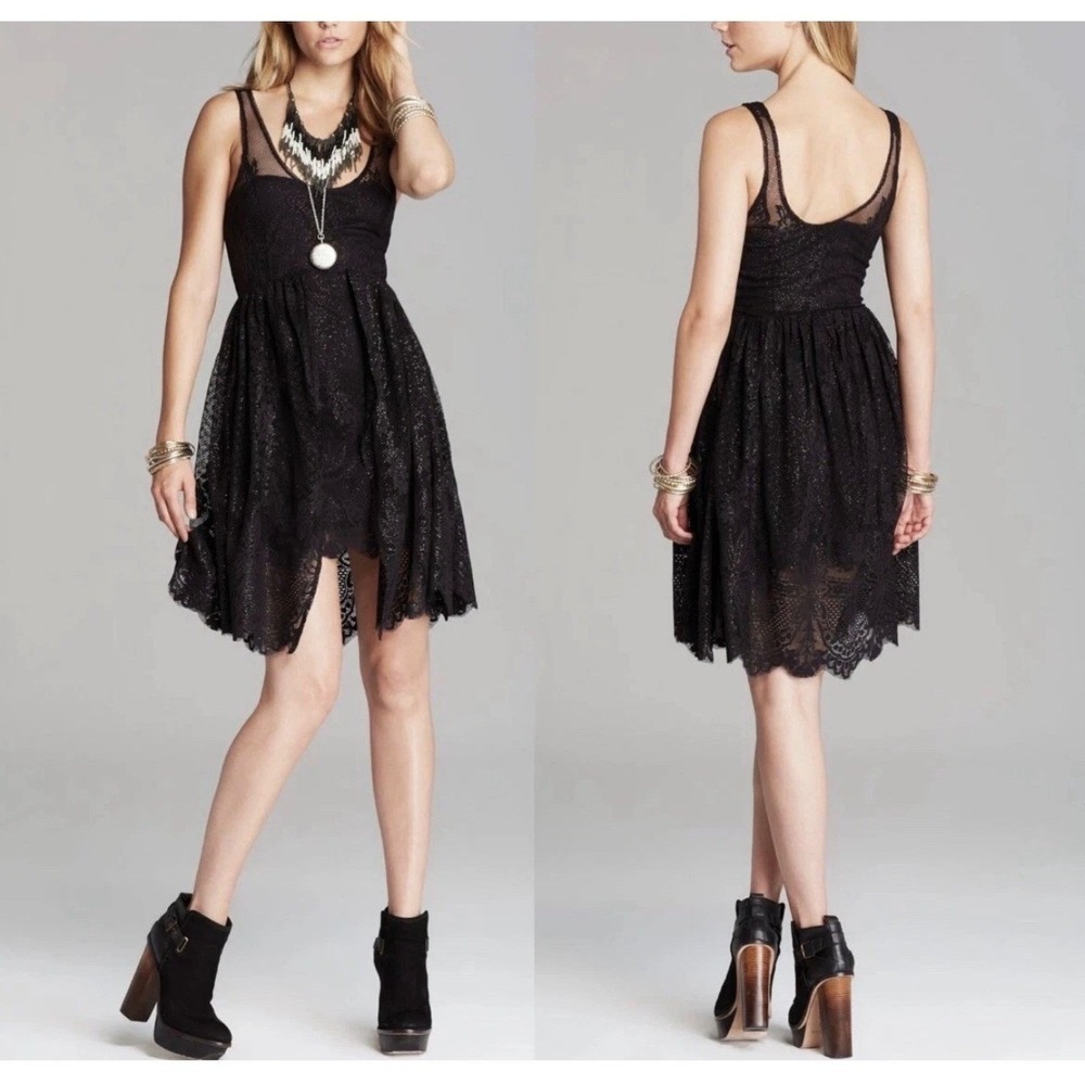 Free People Dress 6 Kristal Lace Salinas Foil Print Black Goth Witchy Grunge LBD